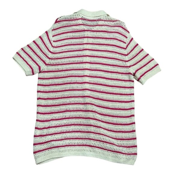 Zara Sweater Womens Medium Striped Button Up Short Sleeve Knit Collared Pullover - Picture 8 of 9